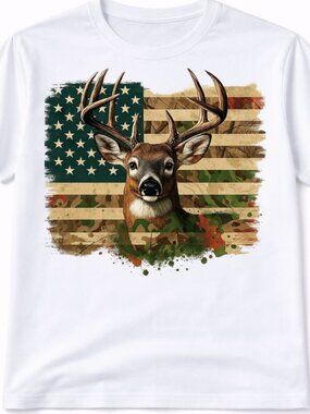 American Flag Deer Graphic T Shirt Trendy Boutique Style Tee Mens Gifts White